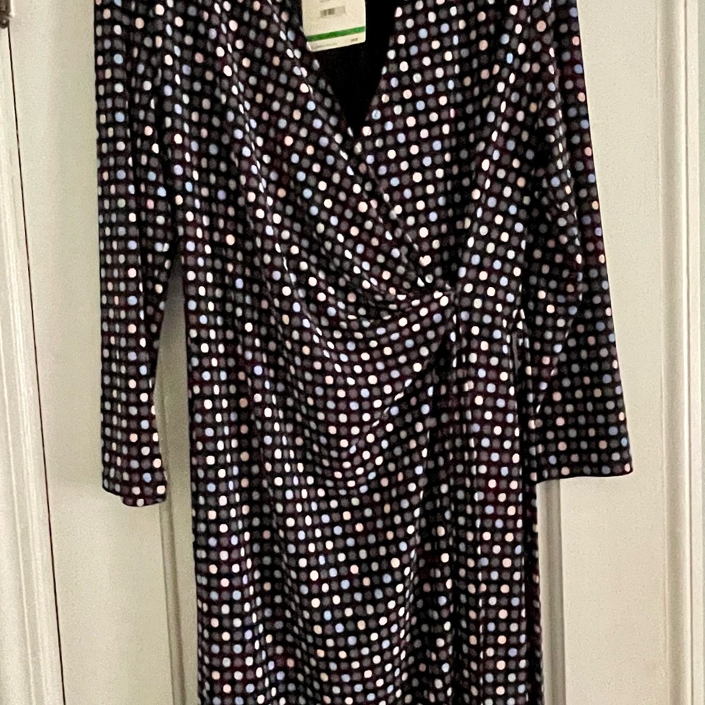 NEW Anne Klein Women's Large Midi Faux Wrap Dress- Navy Pink Blue Polka Dots NWT